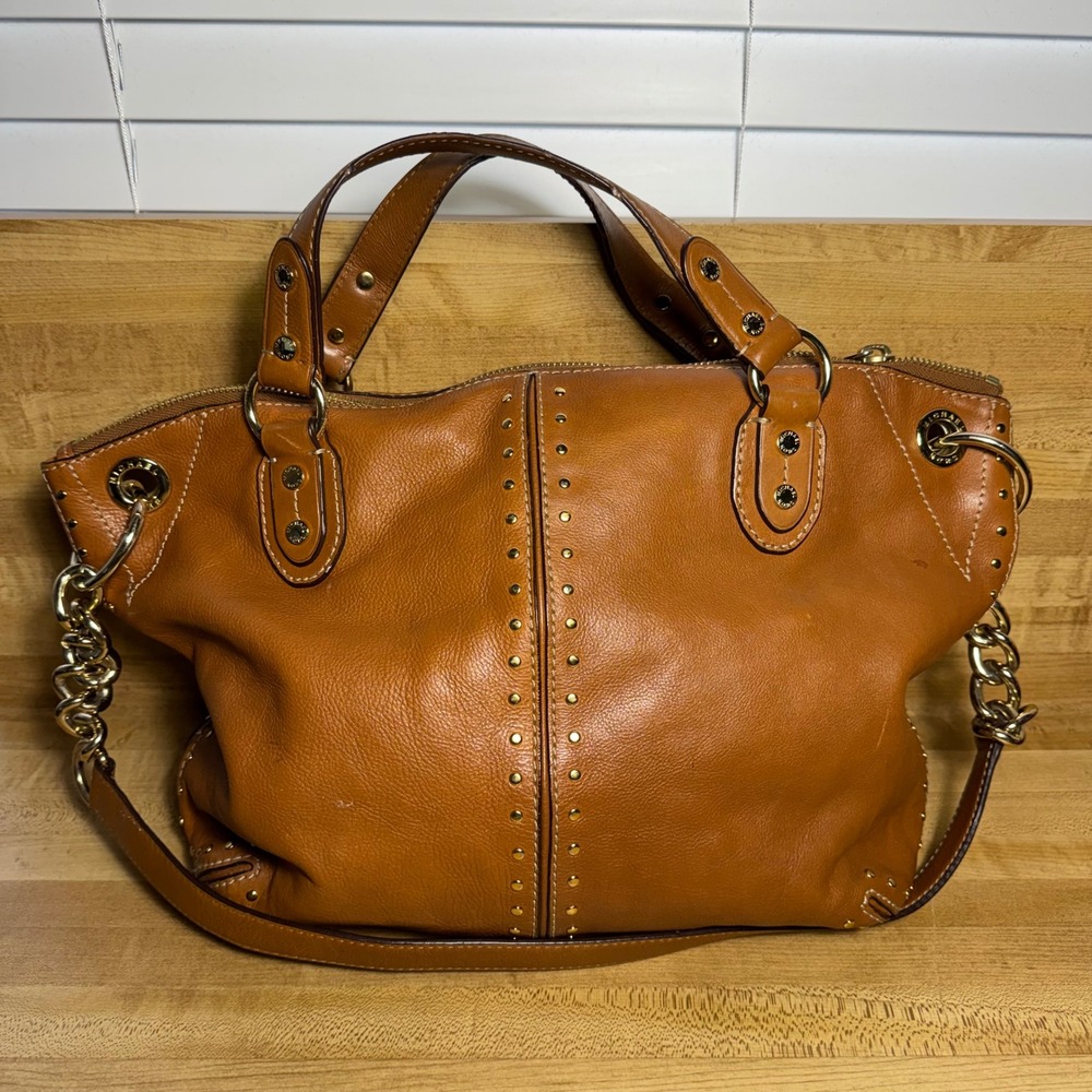 Michael Kors Uptown Astor Brown Leather Studded Satchel Bag Gold Chain Strap - Picture 4 of 8